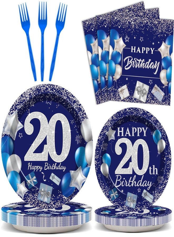 Wiooffen 96 Pcs 20th Birthday Party Supplies Navy Blue and Silver Birthday Plates 20th Birthday Paper Tableware Happy Birthday Party Plates and Napkins Forks Blue Birthday Table Decorations for 24 Guests - Image 1